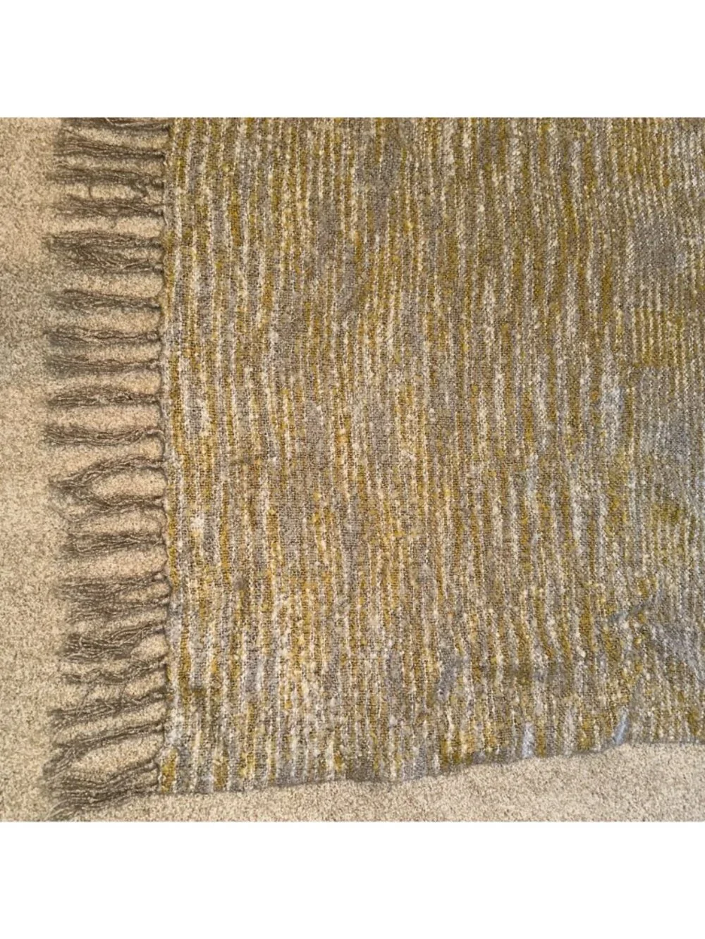 West Elm Throw Blanket Tan Nubby Acrylic Fringe Shawl Wrap 44x56 Marled Minimal